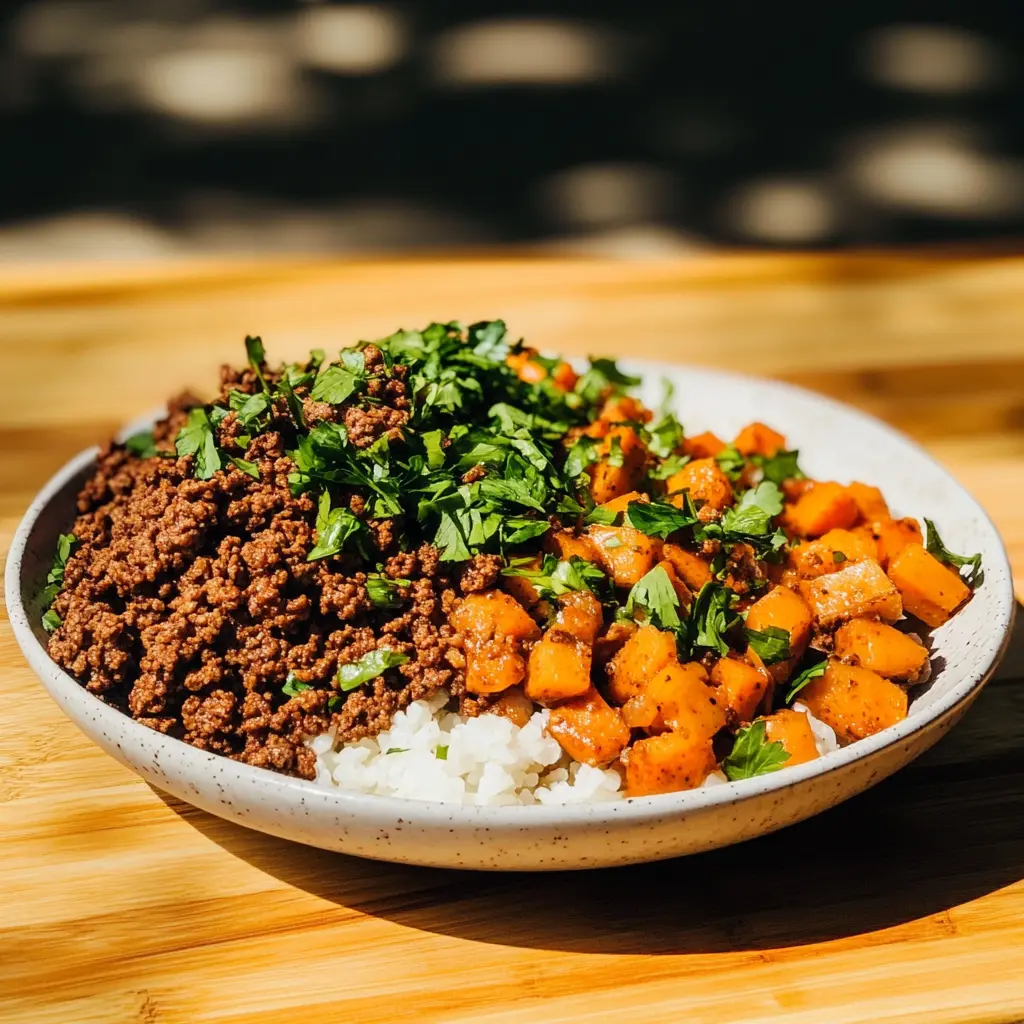 HIGH PROTEIN GROUND BEEF BOWL MEAL PREP centered hero view, clean and uncluttered