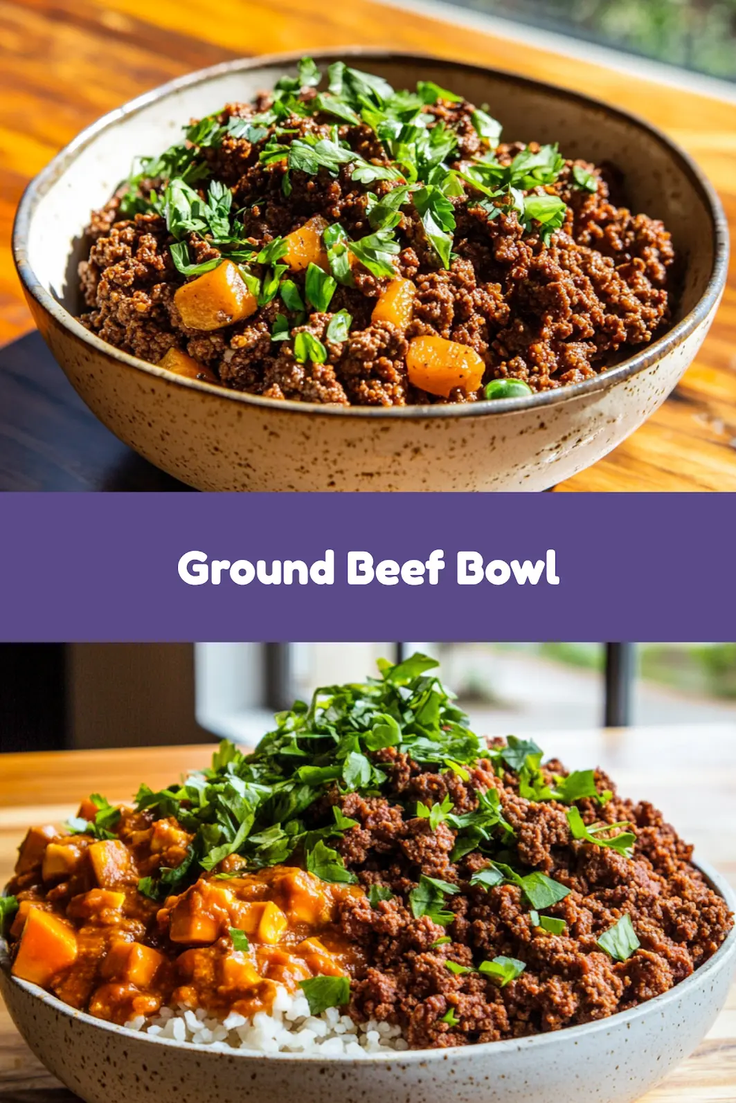 HIGH PROTEIN GROUND BEEF BOWL MEAL PREP centered hero view, clean and uncluttered