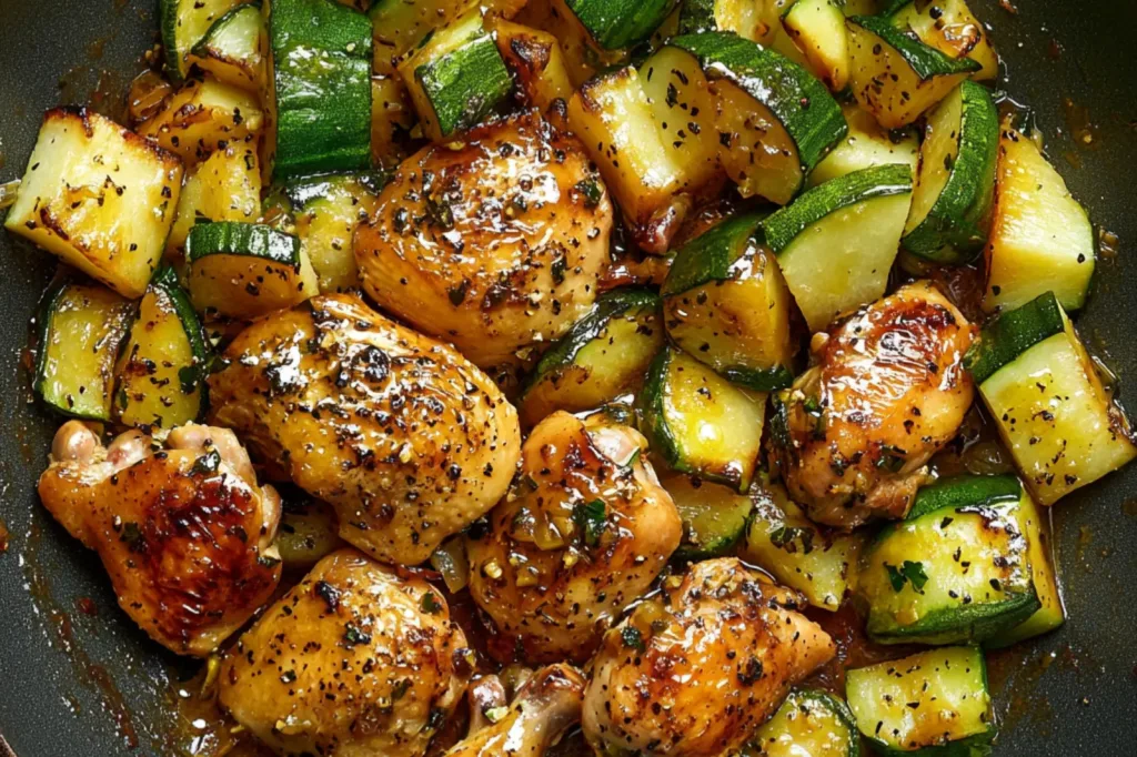 HONEY GARLIC CHICKEN AND ZUCCHINI SKILLET centered hero view, clean and uncluttered