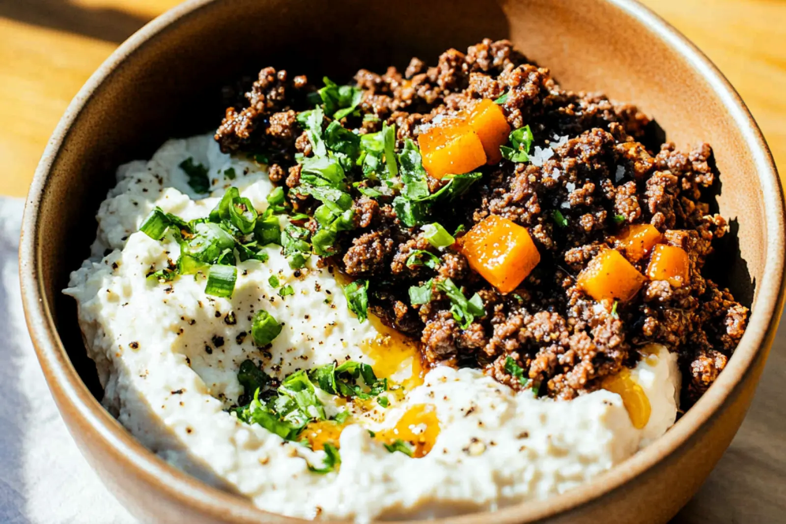HOT HONEY GROUND BEEF BOWLS centered hero view, clean and uncluttered