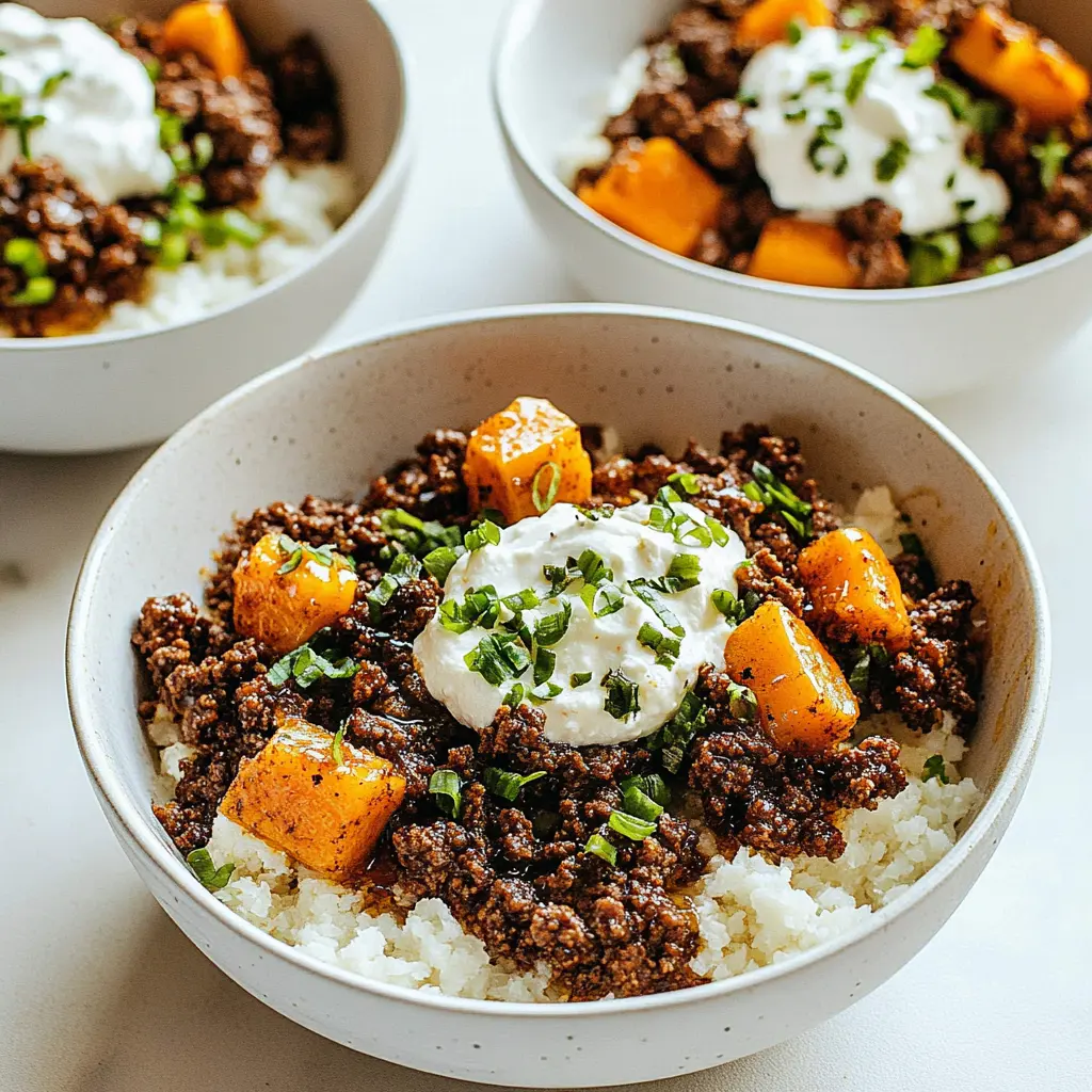 Viral Hot Honey Ground Beef Bowls Irresistible Easy Dinner 6 Hot honey ground beef bowls with roasted sweet potatoes, cottage cheese, and avocado on a clean white plate