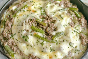 KETO GROUND BEEF SKILLET EASTER DINNER centered hero view, clean and uncluttered