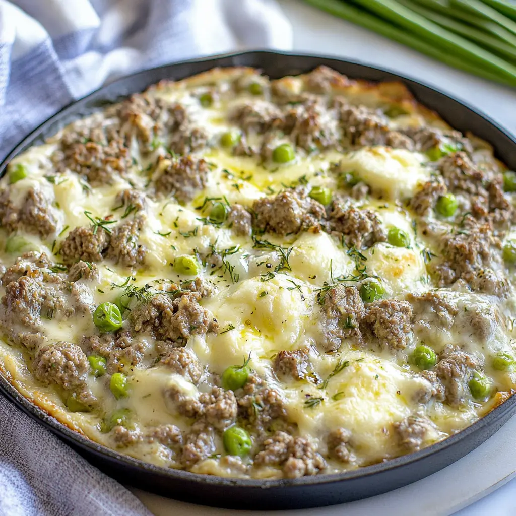 Keto ground beef skillet Easter dinner with green beans and melted cheddar cheese