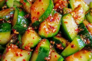 KOREAN CUCUMBER SALAD centered hero view, clean and uncluttered