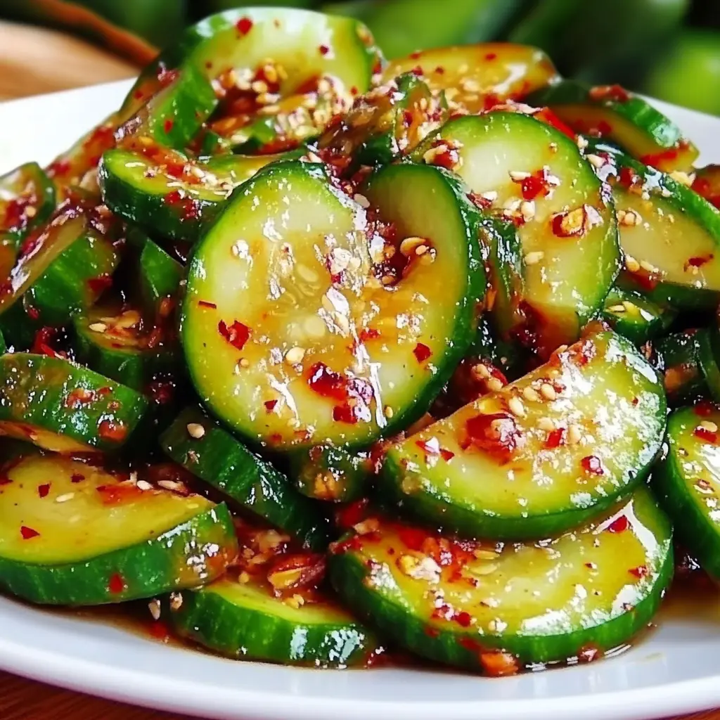 Korean cucumber salad centered hero view, clean and uncluttered