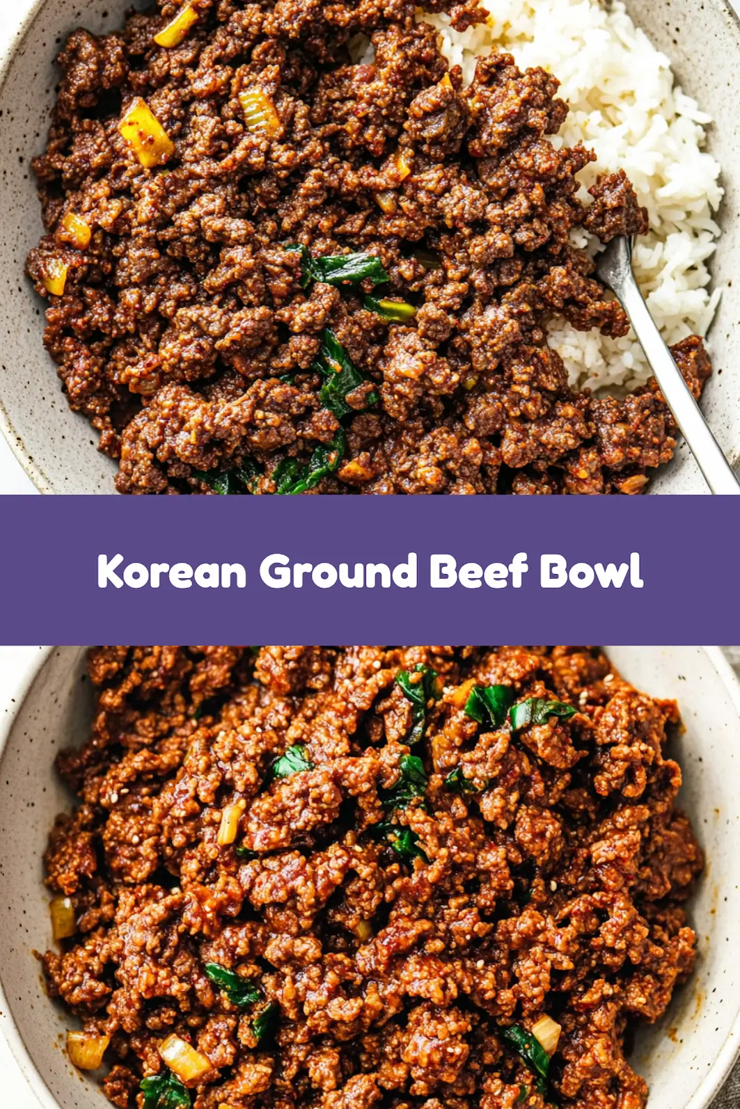 Korean ground beef bowl recipe pin image with colorful toppings