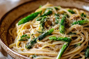 LEMON ASPARAGUS PASTA EASY SPRING DINNER centered hero view, clean and uncluttered