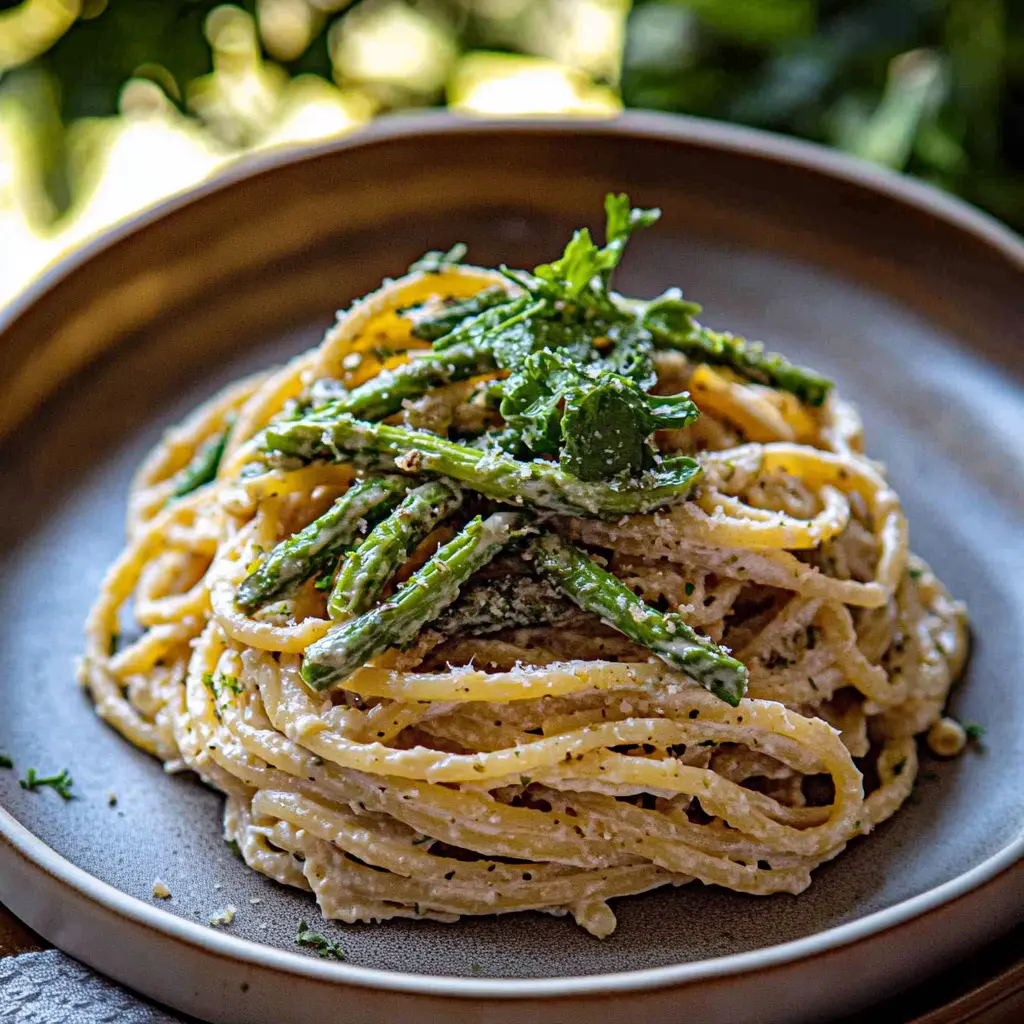 LEMON ASPARAGUS PASTA EASY SPRING DINNER centered hero view, clean and uncluttered