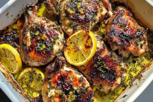 LEMON HERB ROASTED CHICKEN THIGHS recipe, served and ready to eat, easy homemade dinner