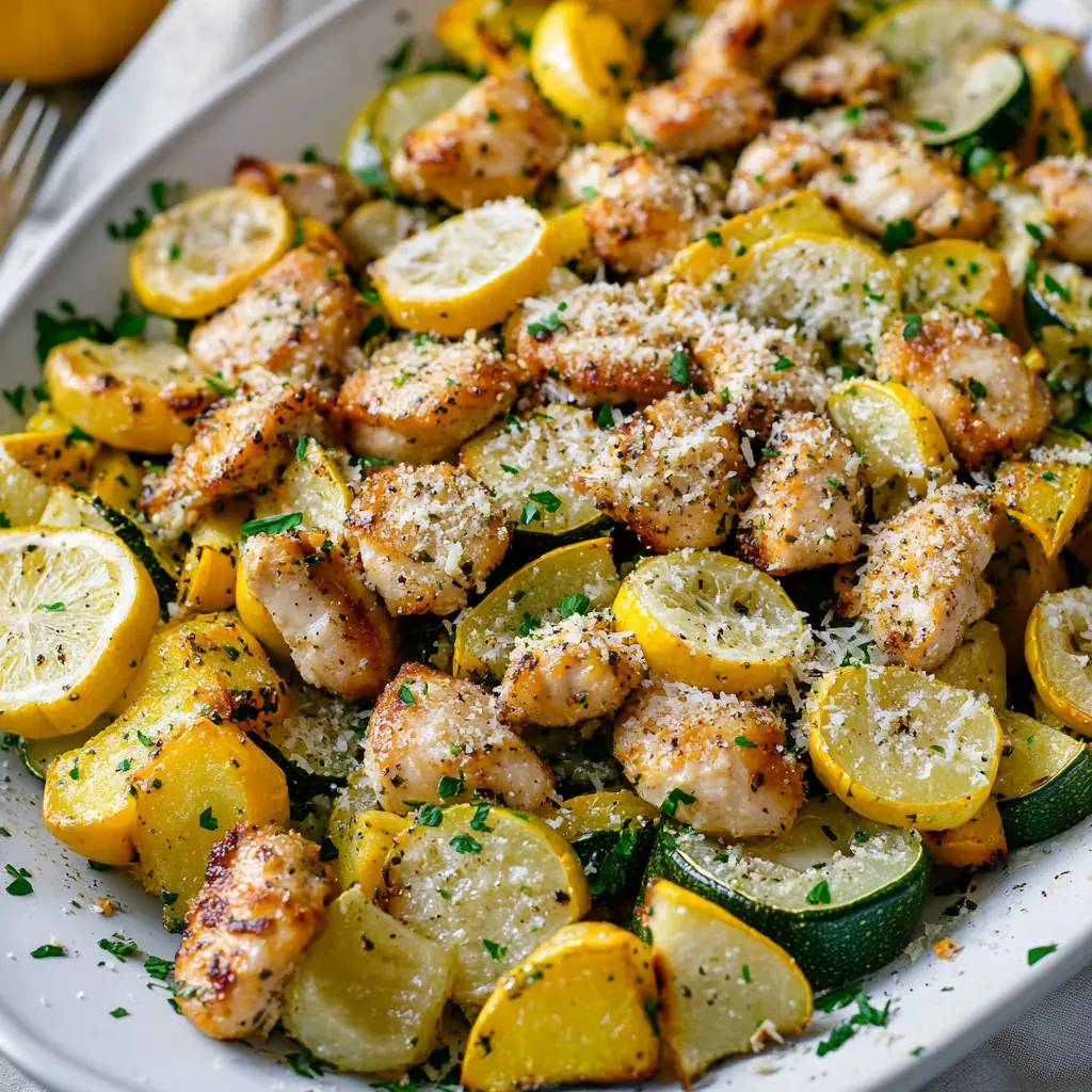 Lemon Parmesan Chicken Zucchini and Squash Easy Weeknight Dinner 6 LEMON PARMESAN CHICKEN ZUCCHINI AND SQUASH centered hero view, clean and uncluttered