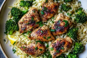 LEMON PEPPER CHICKEN BROCCOLI ORZO centered hero view, clean and uncluttered