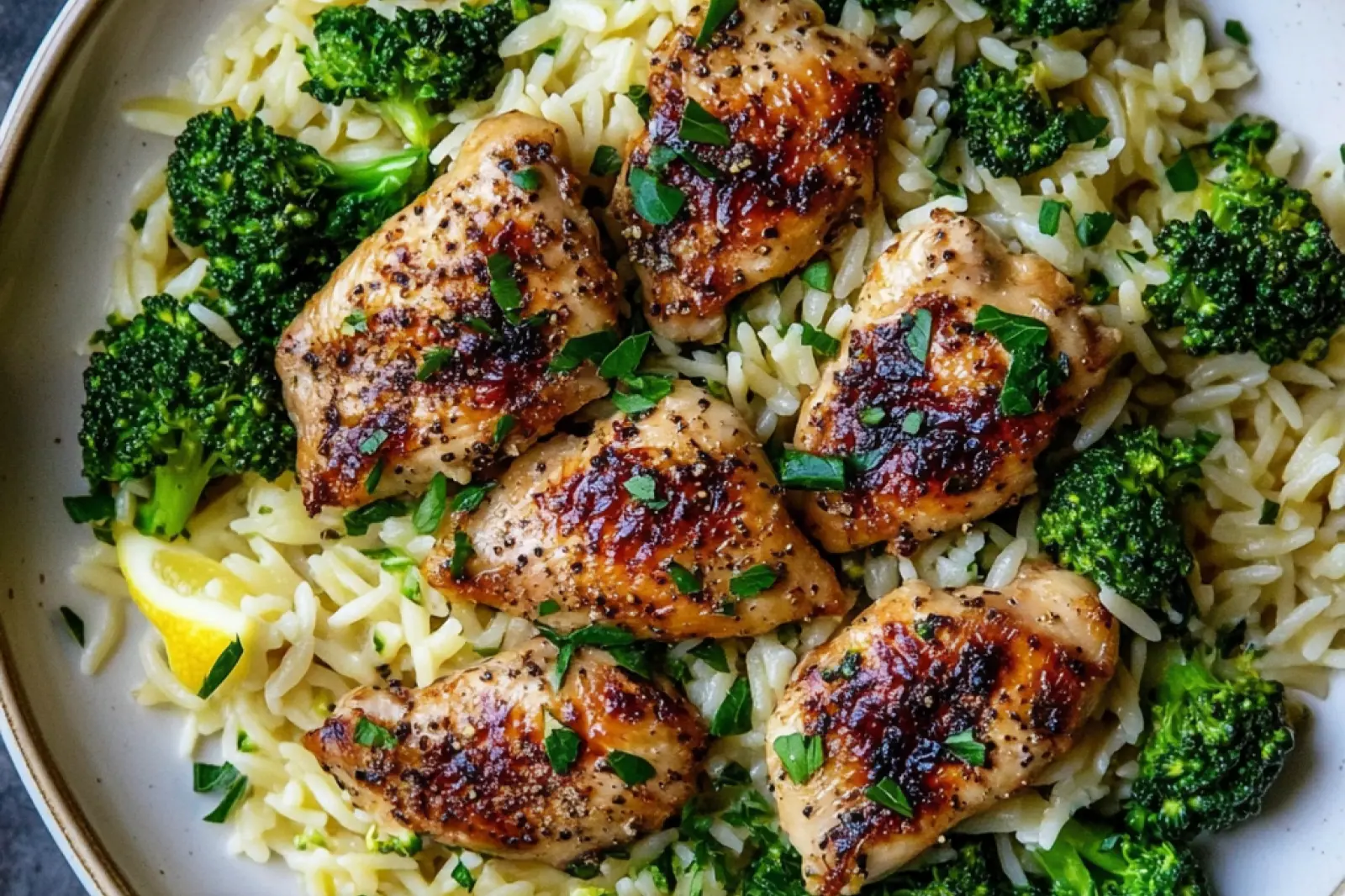 LEMON PEPPER CHICKEN BROCCOLI ORZO centered hero view, clean and uncluttered