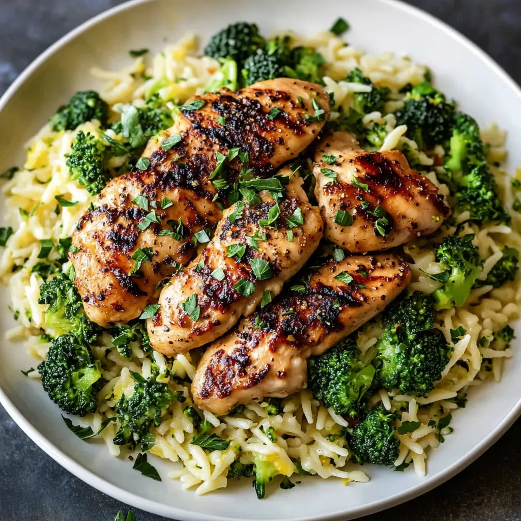 Lemon pepper chicken broccoli orzo in a skillet with tender chicken, bright green broccoli, and creamy orzo pasta