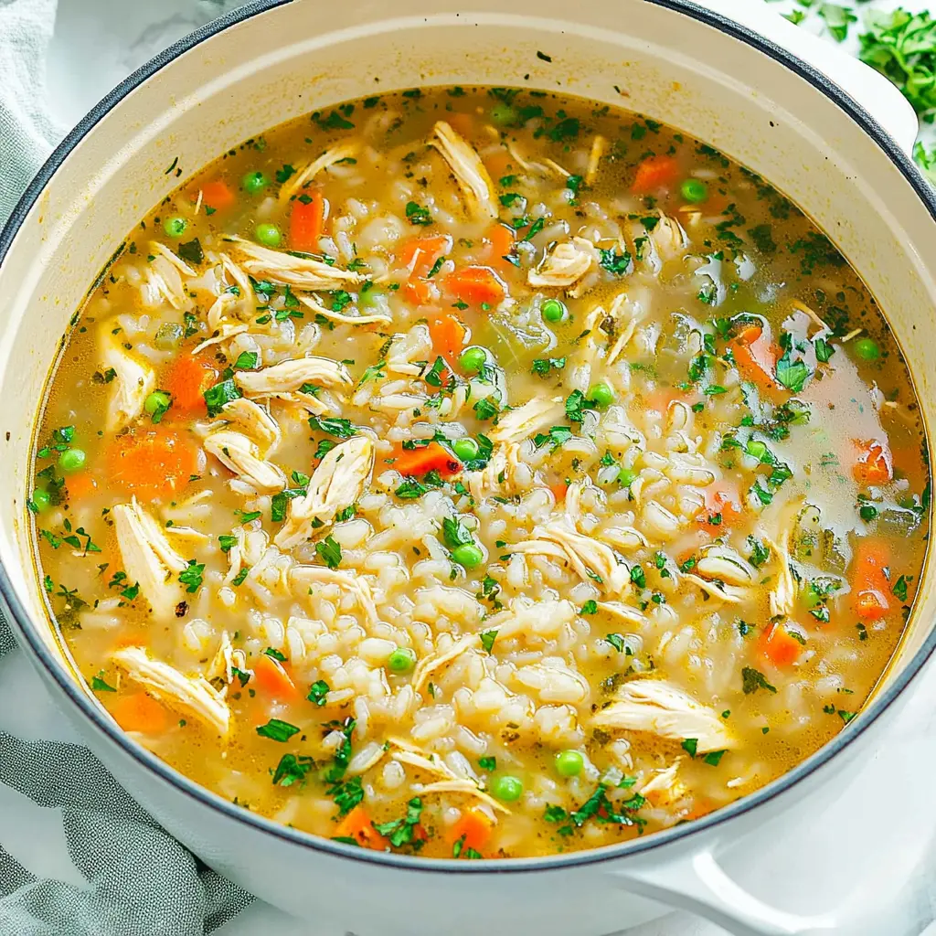 Light chicken rice soup in a bowl with tender chicken, fluffy rice, and clear savory broth