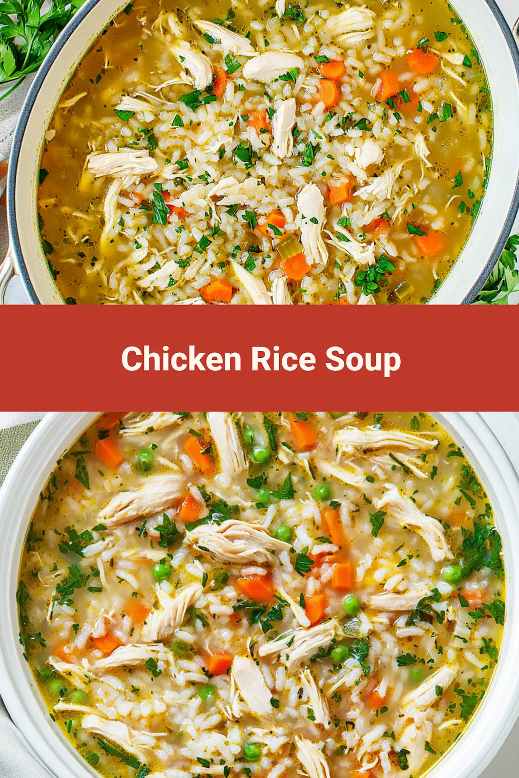 Light chicken rice soup in a bowl ready to pin for later