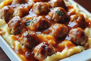 MEATBALL AND MASHED POTATO BAKE centered hero view, clean and uncluttered