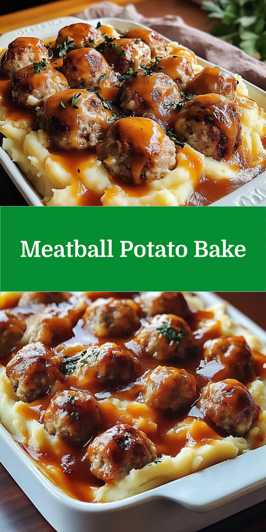 MEATBALL AND MASHED POTATO BAKE centered hero view, clean and uncluttered