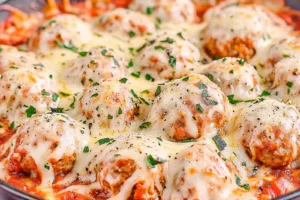 MEATBALL PARMESAN SKILLET centered hero view, clean and uncluttered