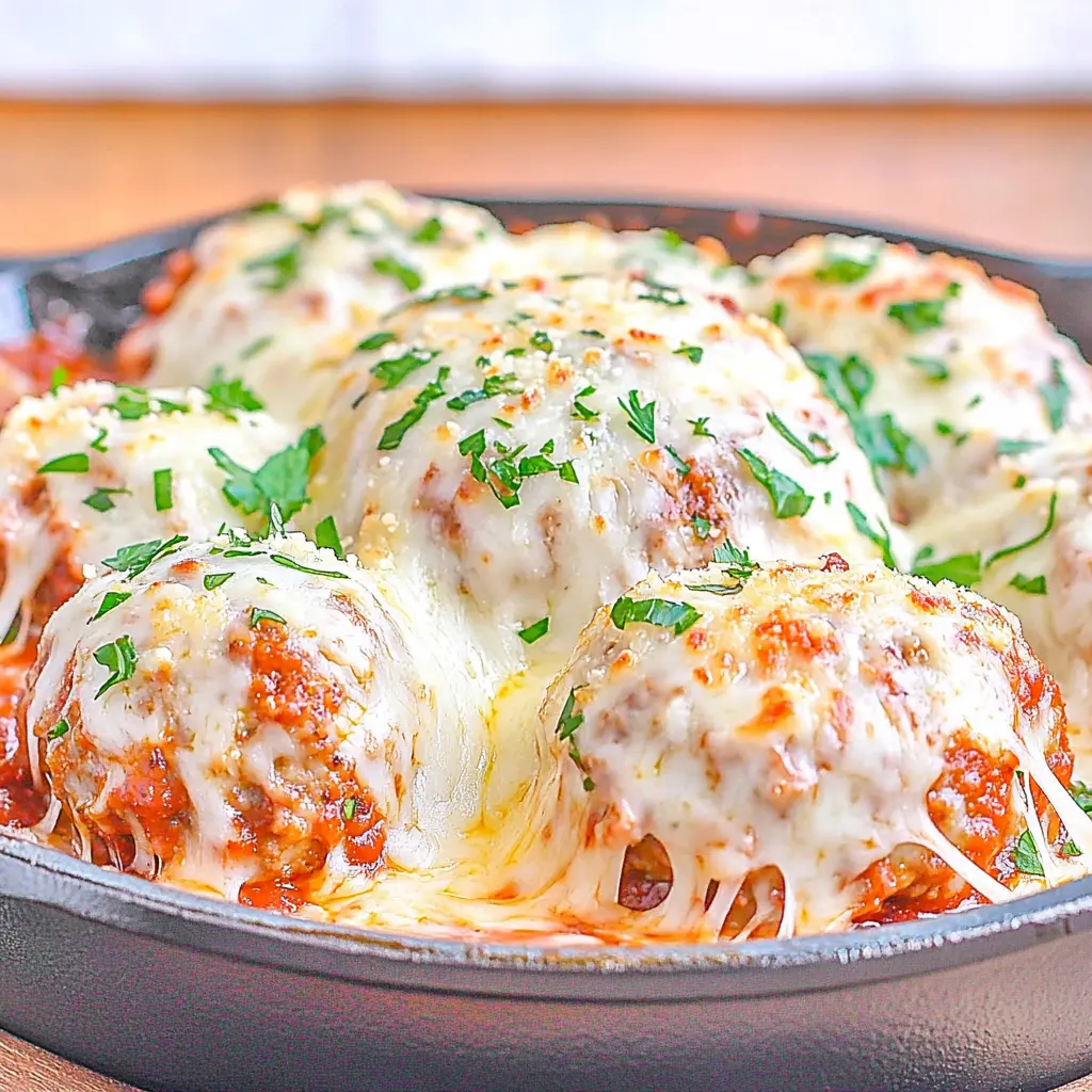 Meatball Parmesan Skillet with melted cheese and marinara sauce in a cast iron pan