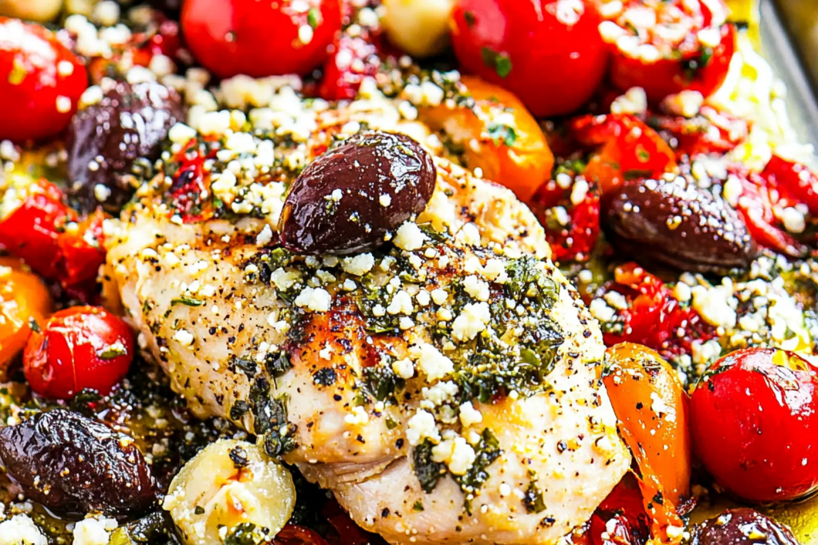 Mediterranean Sheet Pan Chicken recipe, served and ready to eat, easy homemade dinner