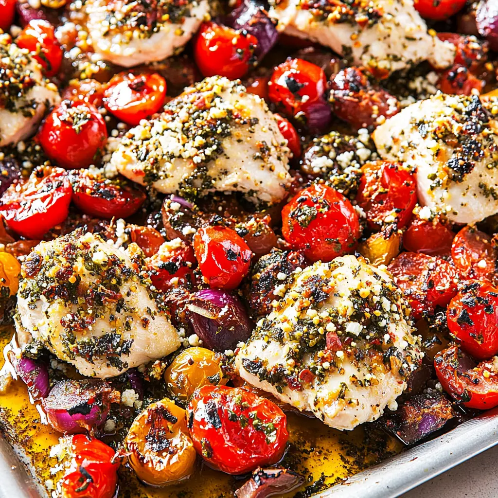 Mediterranean Sheet Pan Chicken recipe, served and ready to eat, easy homemade dinner