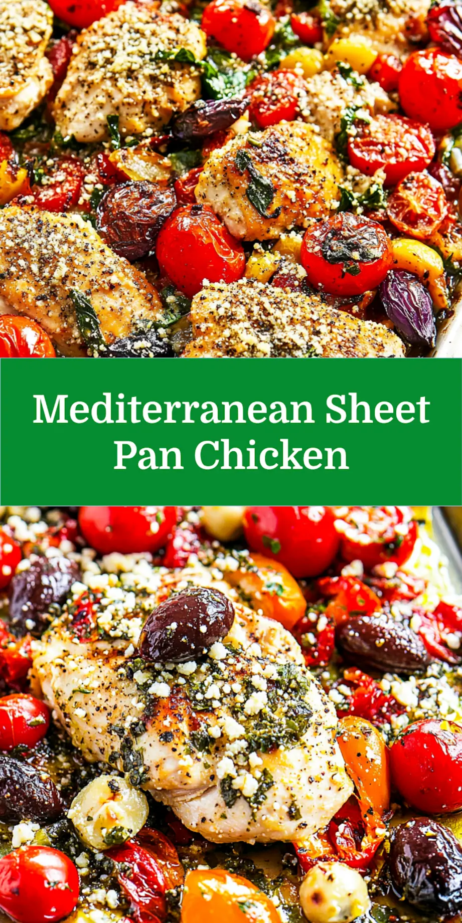 Mediterranean Sheet Pan Chicken recipe, served and ready to eat, easy homemade dinner