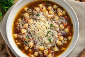 OLIVE GARDEN PASTA E FAGIOLI SOUP centered hero view, clean and uncluttered