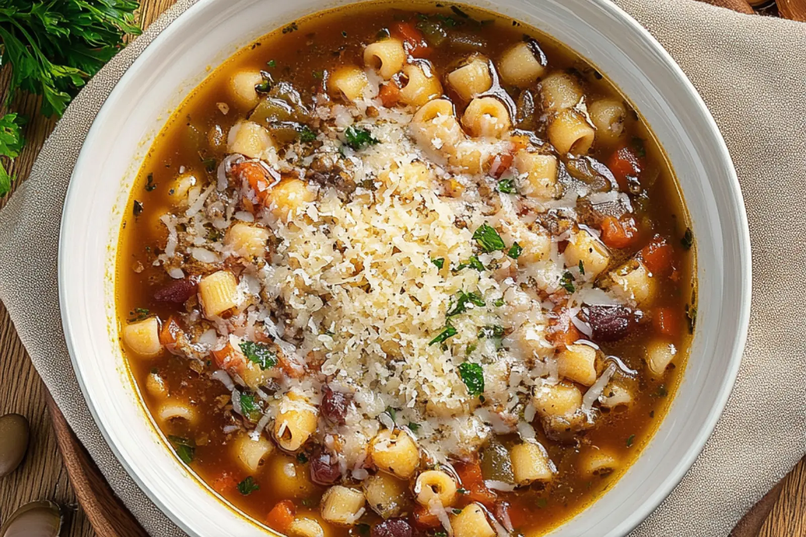 OLIVE GARDEN PASTA E FAGIOLI SOUP centered hero view, clean and uncluttered