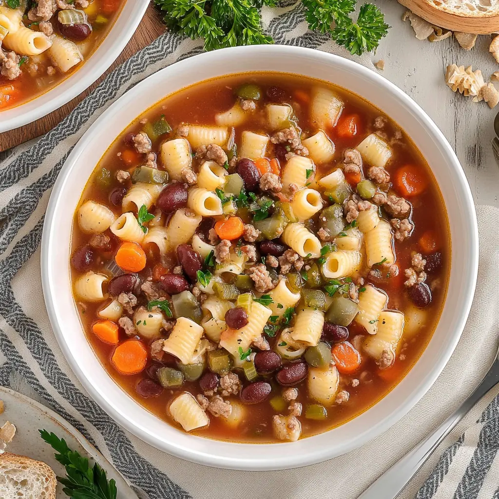 OLIVE GARDEN PASTA E FAGIOLI SOUP centered hero view, clean and uncluttered