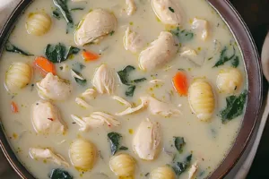 OLIVE GARDEN STYLE CHICKEN AND GNOCCHI SOUP centered hero view, clean and uncluttered