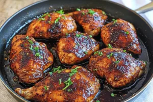 ONE PAN CHICKEN THIGHS 45 MINUTES centered hero view, clean and uncluttered