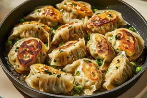 ONE PAN DUMPLING DINNER centered hero view, clean and uncluttered