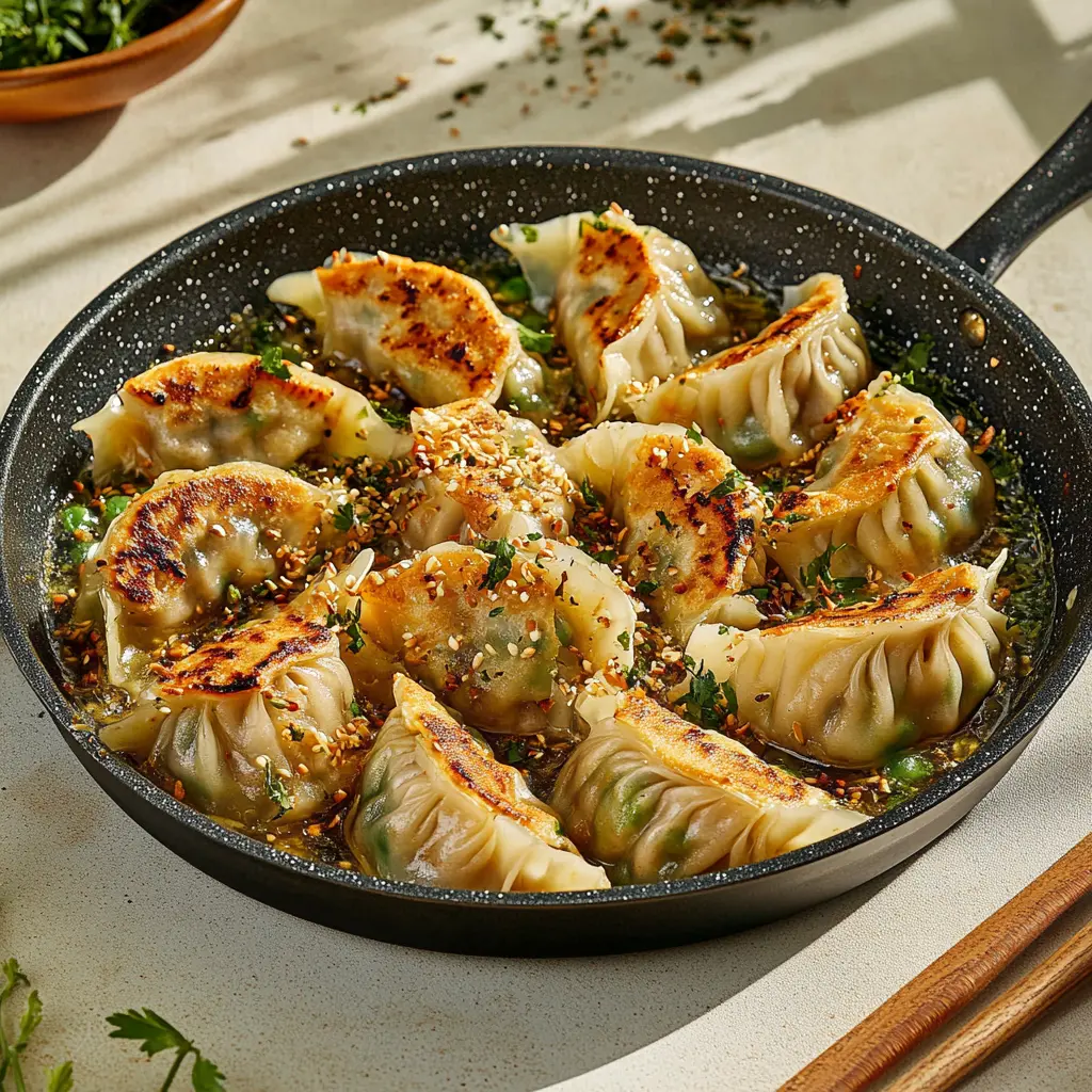 ONE PAN DUMPLING DINNER centered hero view, clean and uncluttered
