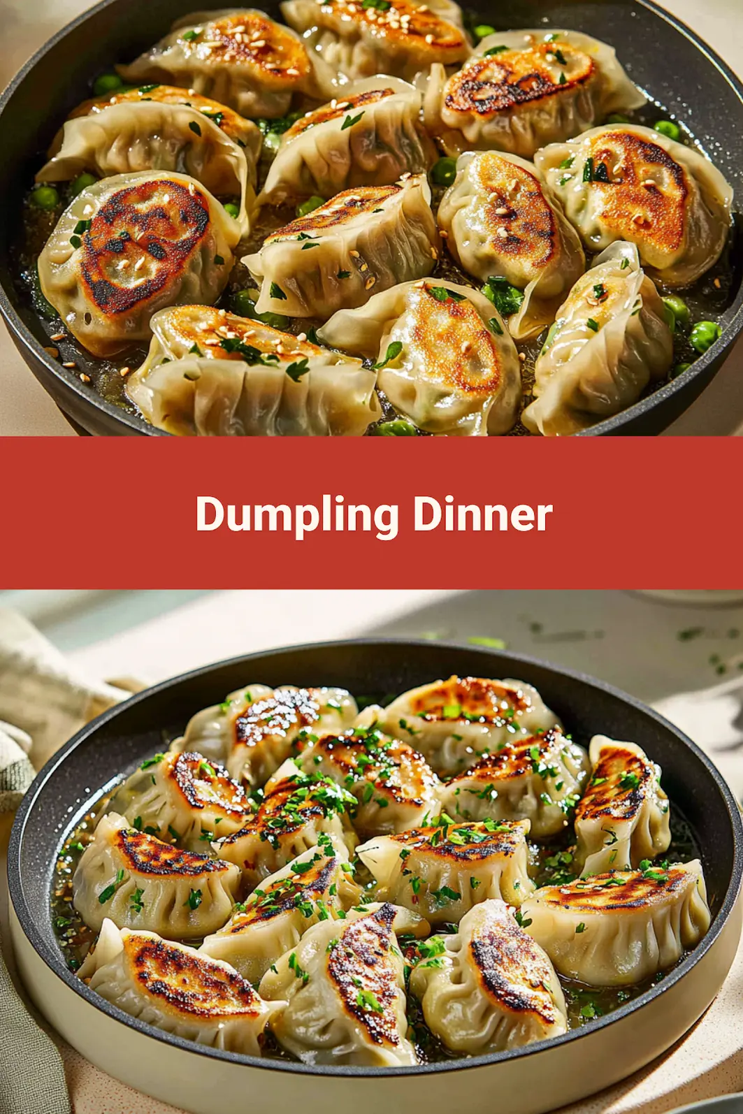 ONE PAN DUMPLING DINNER centered hero view, clean and uncluttered
