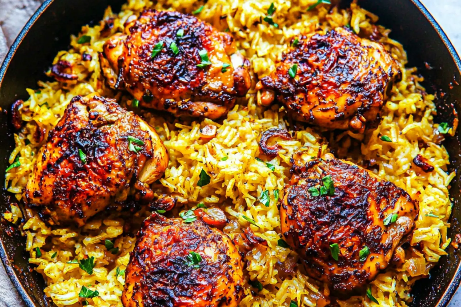 ONE PAN SPANISH CHICKEN AND RICE centered hero view, clean and uncluttered