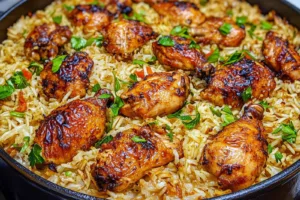 One Pot Chicken and Rice Easy Weeknight Dinner Recipe ONE POT CHICKEN AND RICE centered hero view, clean and uncluttered