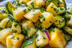 PINEAPPLE CUCUMBER SALAD centered hero view, clean and uncluttered