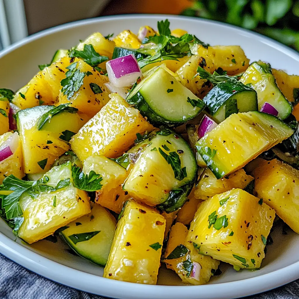 PINEAPPLE CUCUMBER SALAD centered hero view, clean and uncluttered