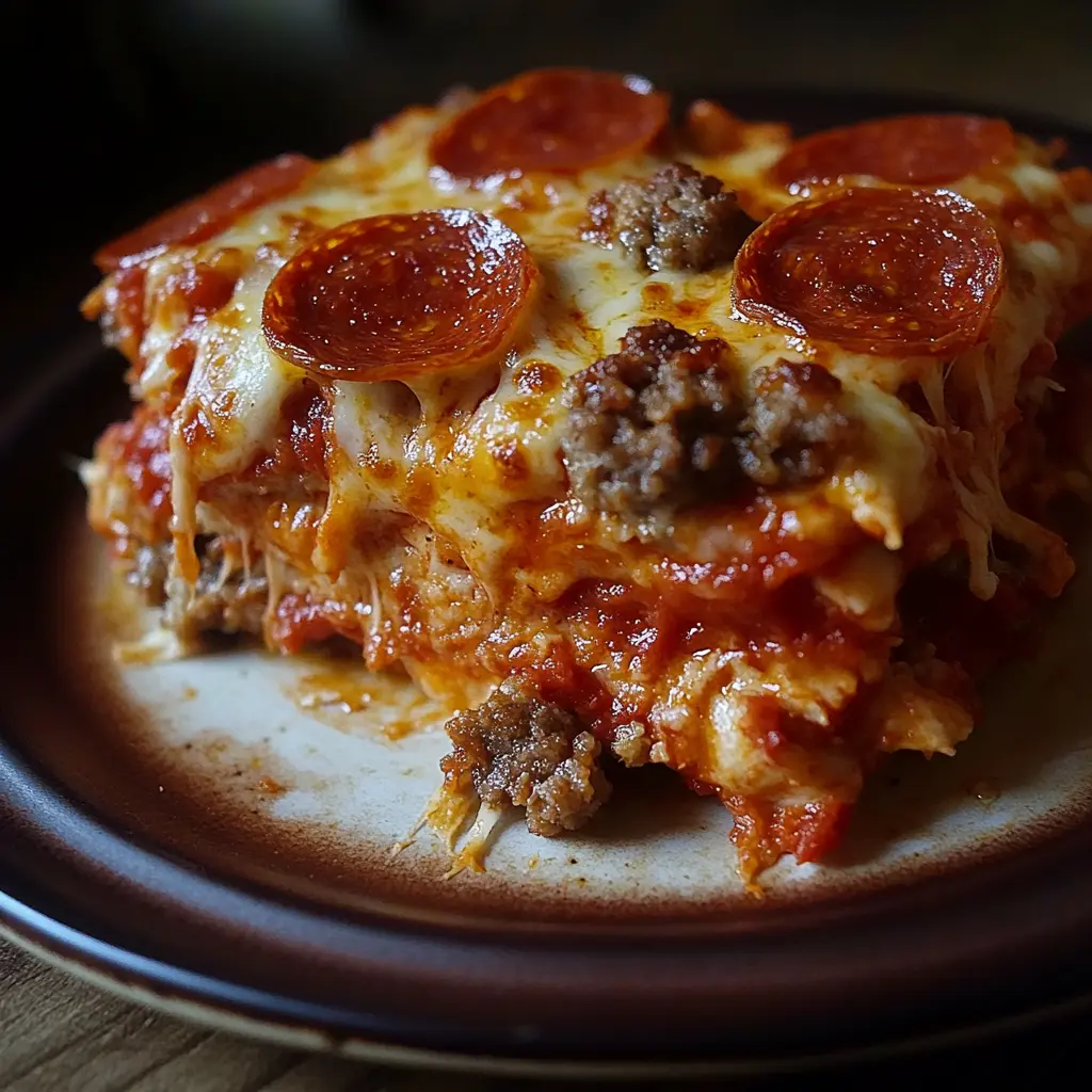 PIZZA CASSEROLE LOW CARB centered hero view, clean and uncluttered