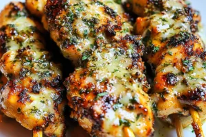 RANCH GARLIC PARMESAN CHICKEN SKEWERS centered hero view, clean and uncluttered