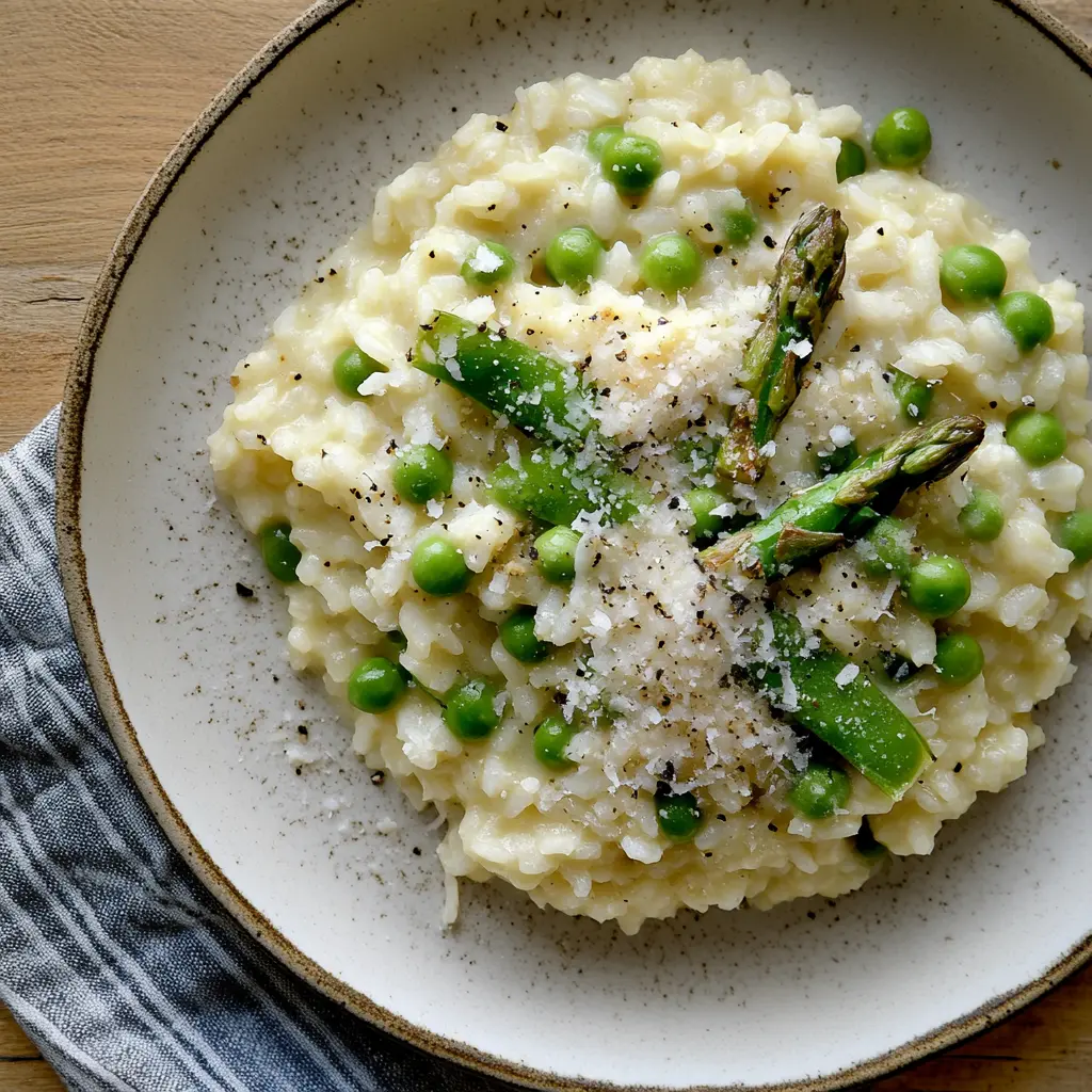 Creamy risotto with asparagus and peas in a shallow bowl