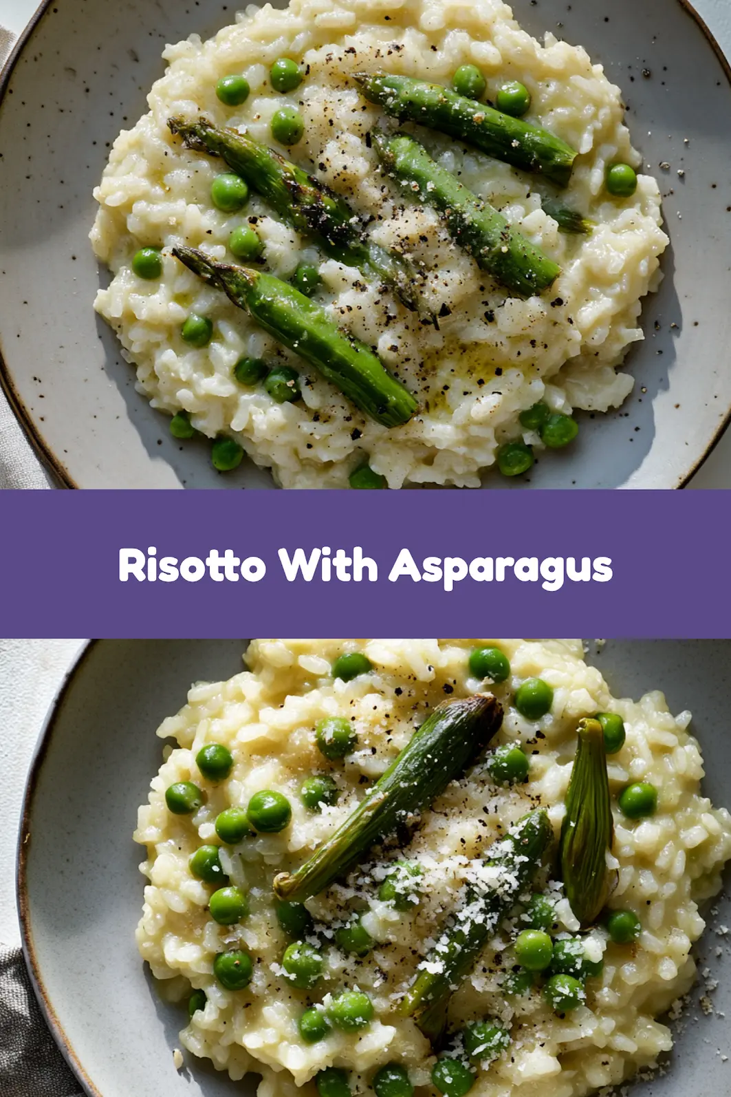 Risotto with asparagus and peas styled for Pinterest
