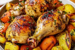 ROASTED GARLIC CHICKEN AND VEGETABLES centered hero view, clean and uncluttered