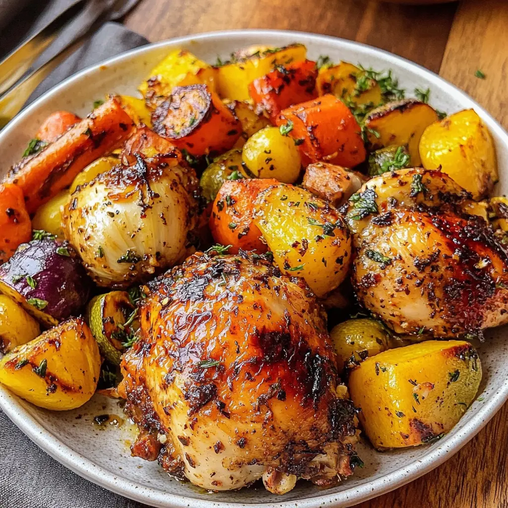 ROASTED GARLIC CHICKEN AND VEGETABLES centered hero view, clean and uncluttered