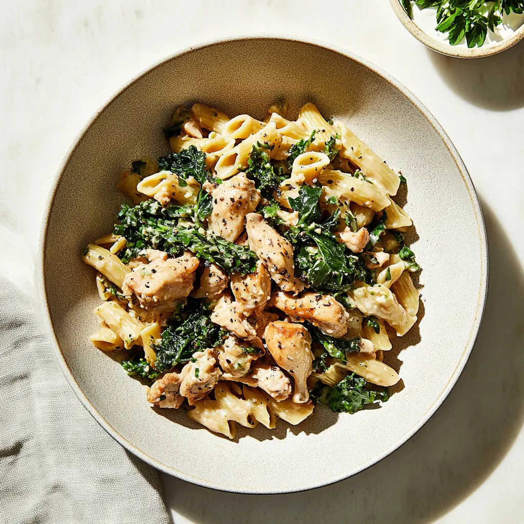 Rotisserie Chicken and Greens Pasta Easy Weeknight Dinner 6 ROTISSERIE CHICKEN AND GREENS PASTA centered hero view, clean and uncluttered