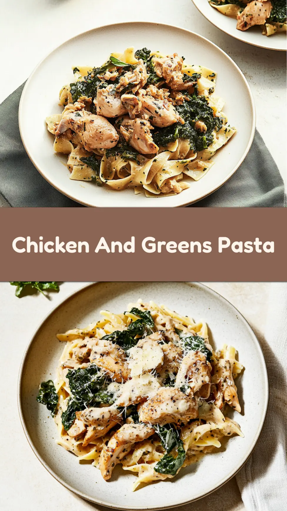 Rotisserie Chicken and Greens Pasta Easy Weeknight Dinner 7 ROTISSERIE CHICKEN AND GREENS PASTA centered hero view, clean and uncluttered