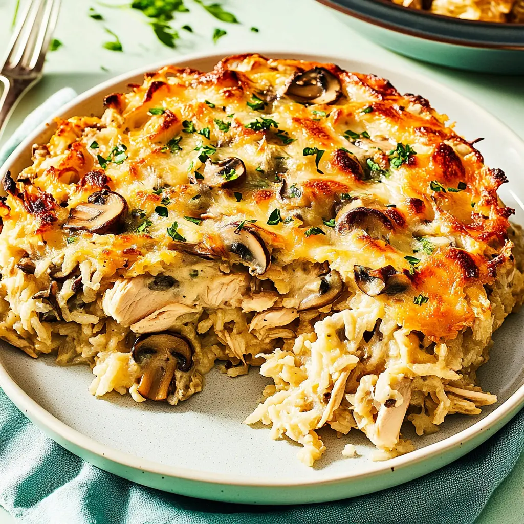 ROTISSERIE CHICKEN MUSHROOM AND RICE CASSEROLE centered hero view, clean and uncluttered