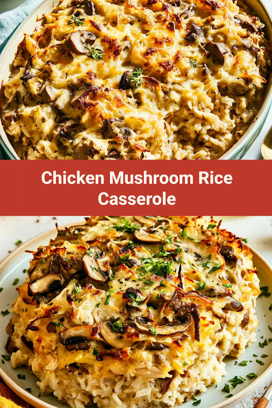 ROTISSERIE CHICKEN MUSHROOM AND RICE CASSEROLE centered hero view, clean and uncluttered