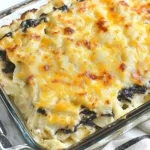 BEST CHEESY POTATO CASSEROLE centered hero view, clean and uncluttered