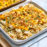 CHEESY CHICKEN AND RICE CASSEROLE centered hero view, clean and uncluttered